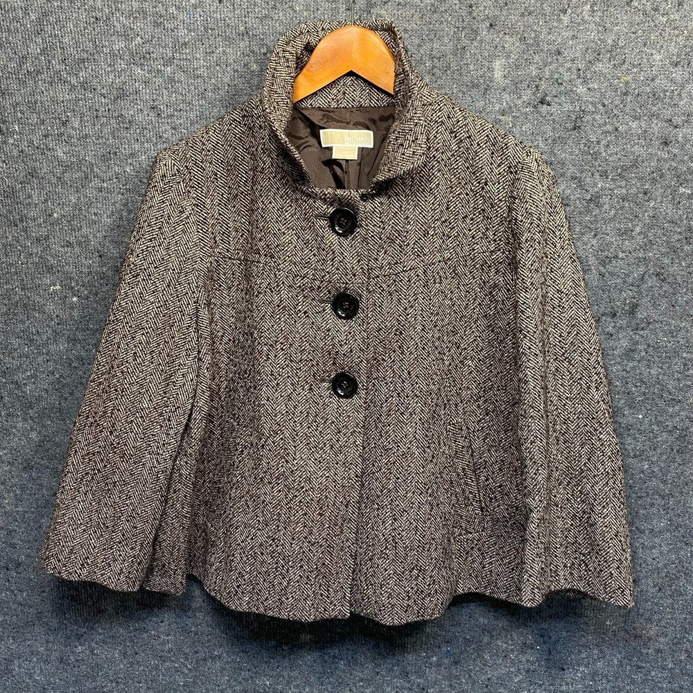 Michael Kors Womens XL Brown Herringbone Tweed Swing Jacket Funnel Collar